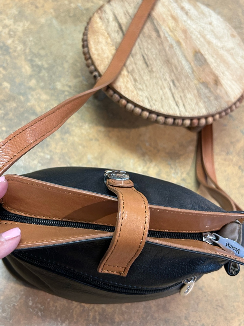 Valentina Leather Bucket Crossbody Bag in Black and Tan - Picture 11 of 16